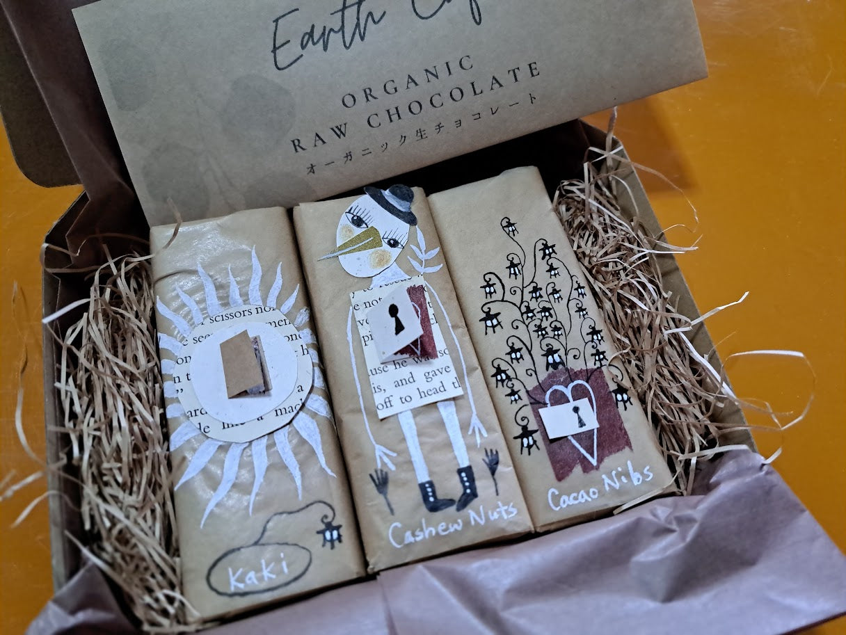 ③Earth Cafe Organic Raw Chocolate Bar Set with L'oiseau Lune Illustration Package | Earth Cafe オーガニック生チョコバーセット with ロワゾー・ルンイラストパッケージ (Japan Only/Not Available Overseas)